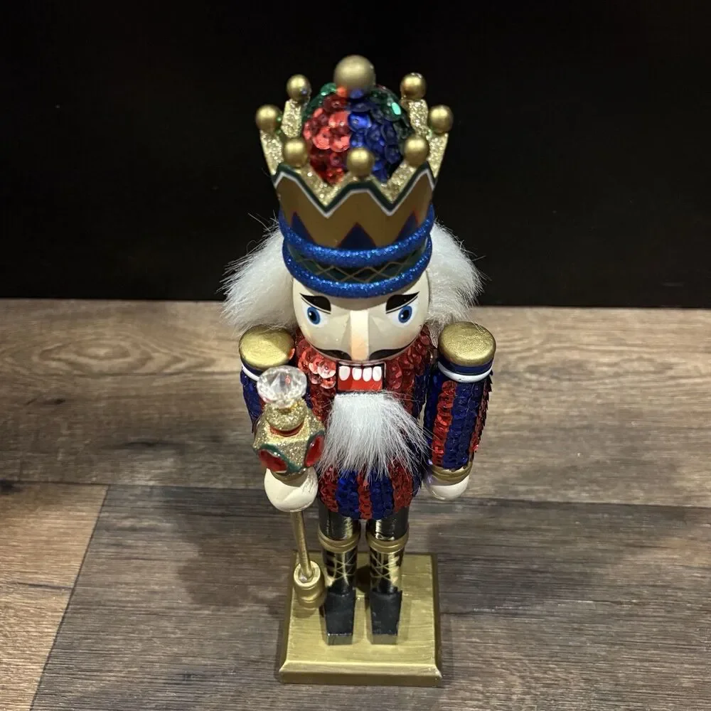 12” Sequin Nutcracker King Christmas Decor Red Blue Gold Crown Jeweled Scepter